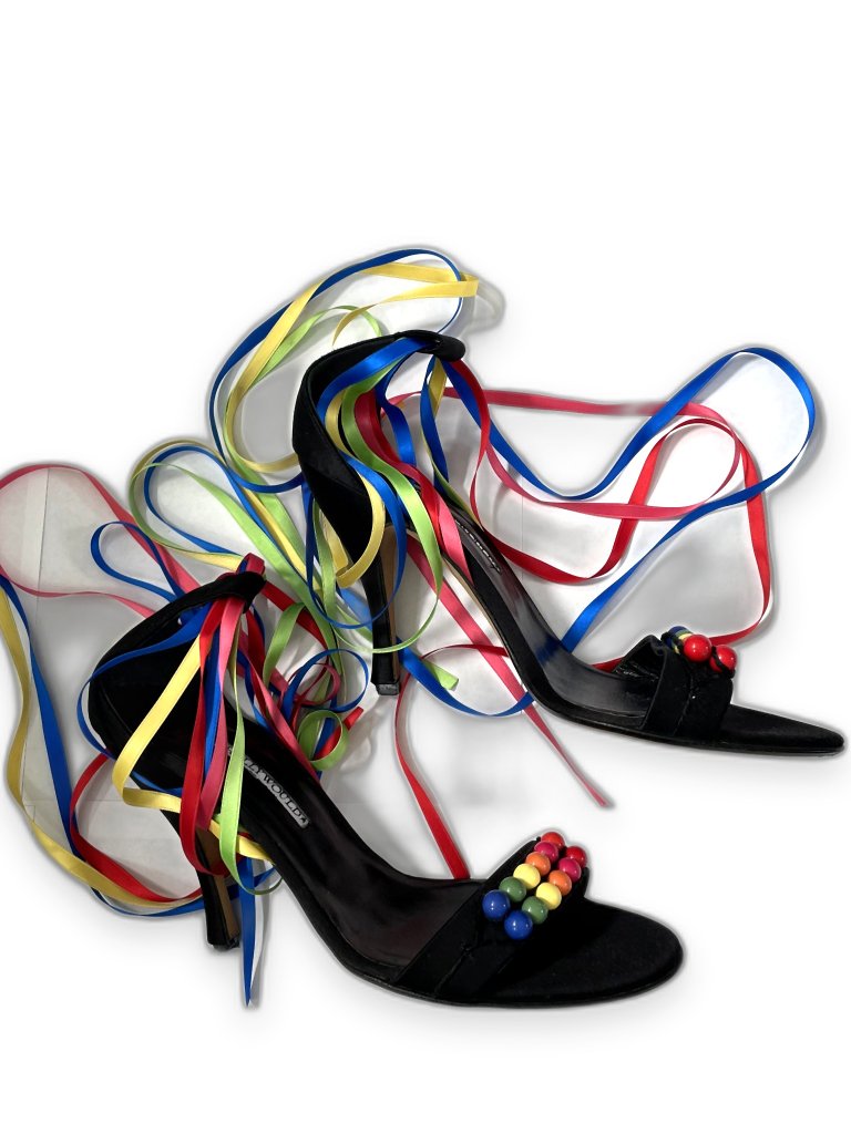 Hollywould Rainbow Ribbon Beaded Ankle Wrap Vintage Y2k Heels 8 Sandals Black